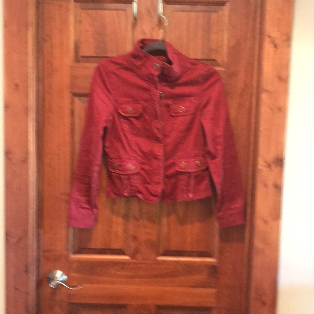Live A Little red jacket. Zipper and buttoned.